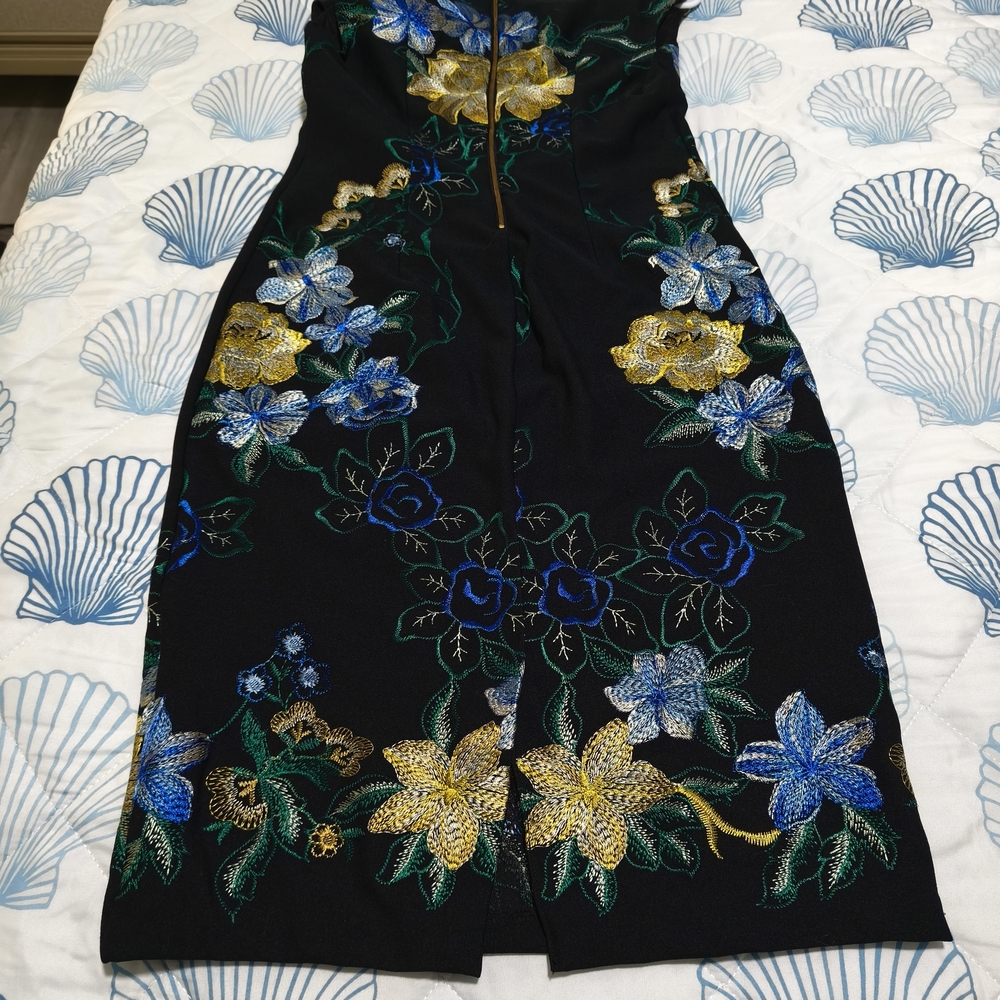 Adrianna Papell Strapless Black Dress with Blue and Gold Embroidery